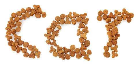Inscription Cat of dry cat food isolated on white