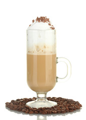 glass of coffee cocktail with coffee beans isolated on white