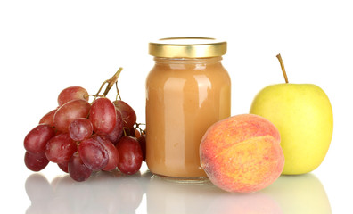 Jar with fruit baby food and fruits isolated on white