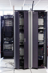 Telecommunication equipment  in a big datacenter.Cabinets