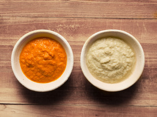 close up of bowls of indian chutneys