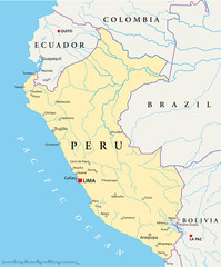 Peru political map with capital Lima, national borders, most important cities, rivers and lakes. Illustration with English labeling and scaling. Vector. - obrazy, fototapety, plakaty