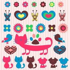Colorful elements animals flowers