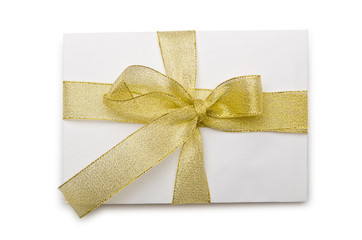 Envelope with colourful ribbon on white