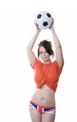 woman with soccer ball and union jack underwear