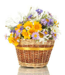 Fototapeta na wymiar beautiful bouquet of bright wildflowers in basket, isolated
