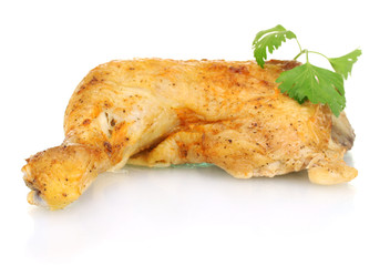 roasted chicken leg with parsley isolated on white