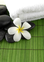 frangipani flower and towel with massage oil on green mat