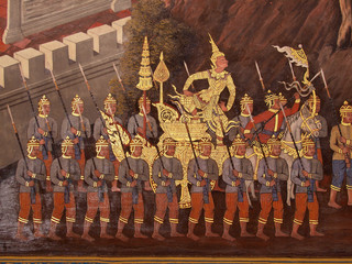 Wall art painting in temple Thailand. painting about Ramayana ep