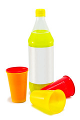 plastic bottles and plastic cups on a white background