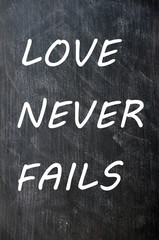Fototapeta premium Love Never Fails written on a smudged chalkboard