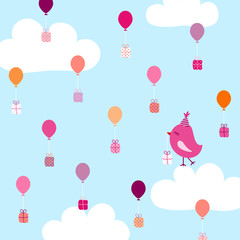 Pink Bird On Cloud Flying Ballons With Gifts Blue