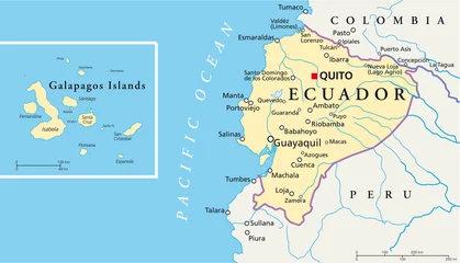 Foto op Canvas Ecuador and Galapagos Islands political map with capital Quito, with national borders, most important cities, rivers and lakes. Illustration with English labeling and scaling. Vector. © Peter Hermes Furian