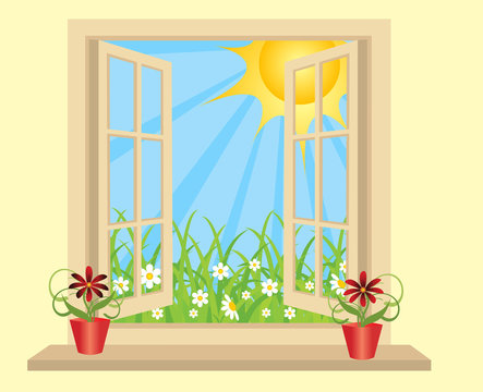 Opened plastic window in room with view to green field. vector