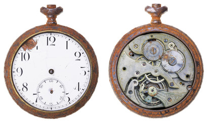 Close-up of a vintage rusty clock from both sides