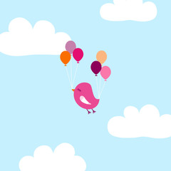 Fototapeta na wymiar Pink Bird Broken Wing Balloons Sky & Clouds Blue