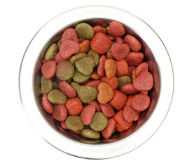 dry dog food in metal bowl isolated on white