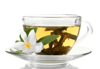 cup of green tea with jasmine flowers isolated on white