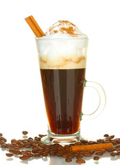 glass of coffee cocktail with coffee beans and cinnamon