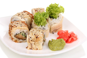 Tasty rolls served on white plate isolated on white