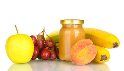 Jar with fruit baby food and fruits isolated on white