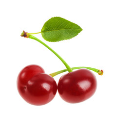 cherries with leaf isolated on a white background.
