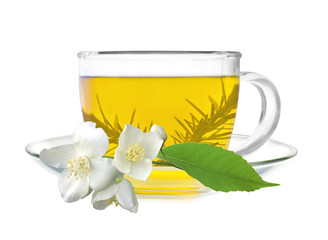 cup of green tea with jasmine flowers isolated on white