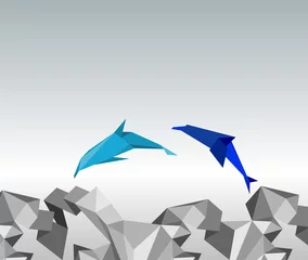 Fotobehang Geometrische dieren illustratie van papieren dolfijnen in een sprong.