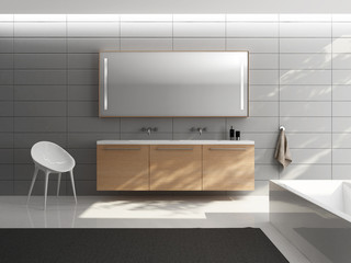 Grey minimal elegant luxury bathroom, wood sink