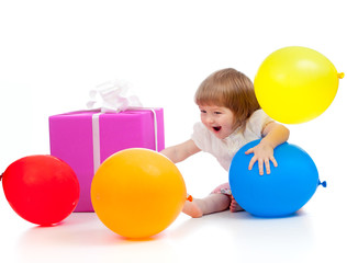 girl  with colorful balloons and gift. Isolated on white.