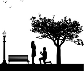 Romantic proposal in park under the tree silhouette