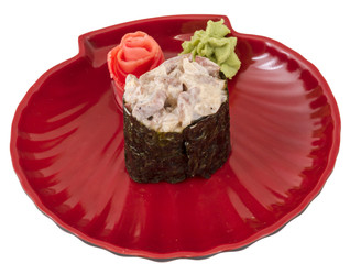 spice sushi with sauced slices of smoked Eel, chicken and caviar