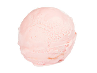Scoop of strawberry ice cream from top on white background