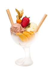 yogurt and chocolate ice cream in a bowl close up