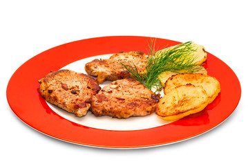 roasted steak meat with vegetables isolated on white background