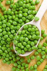 Fresh wet green peas on the wooden spoon