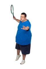 Fat man with a racket playing tennis