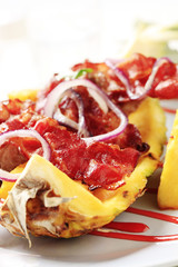 Shish kebab and crispy bacon