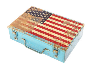 Rusty metal box with America flag on lid isolated on white backg