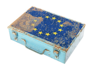 Rusty metal box with European flag on lid isolated on white back