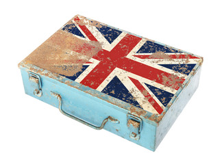 Rusty metal box with England flag on lid isolated on white backg