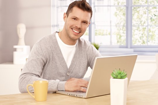 Handsome man browsing internet at home smiling