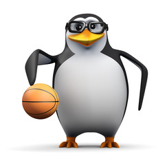 3d Penguin in glasses dribbles basketball