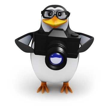 3d Penguin in glasses points his camera