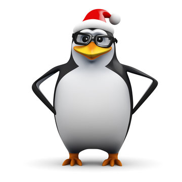 3d Penguin in glasses wears silly Santa hat