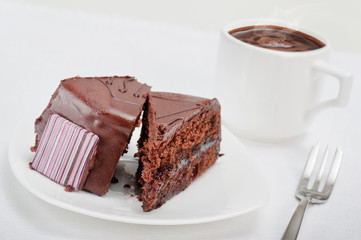 chocolate cake with cup of coffee