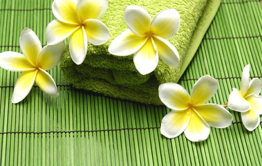 frangipani flower and green towel on mat
