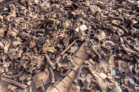 Vintage photo of many gasmasks