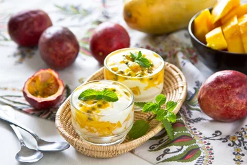 Gordijnen Passion fruit and Mango dessert © vanillaechoes