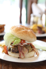 hamburger with fries and salad